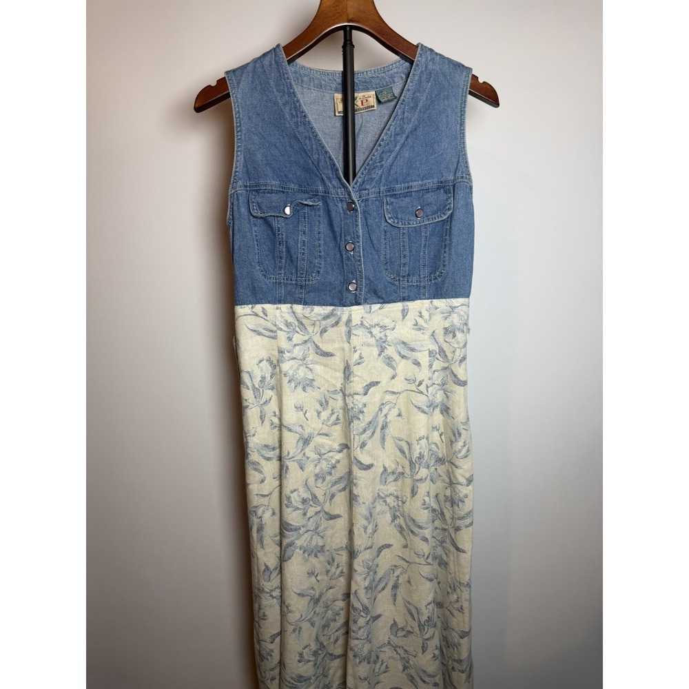 Vtg. EXP Jeans By Express Women's Jean Denim Bodice Floral Maxi Dress 90s - 9/10